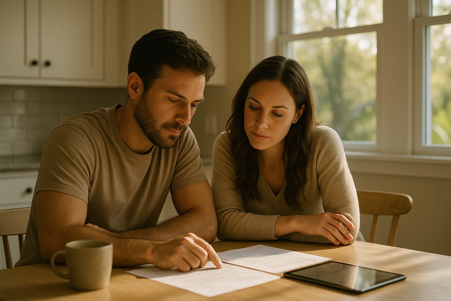 A couple sitting at a kitchen table reviewing paperwork together in morning light