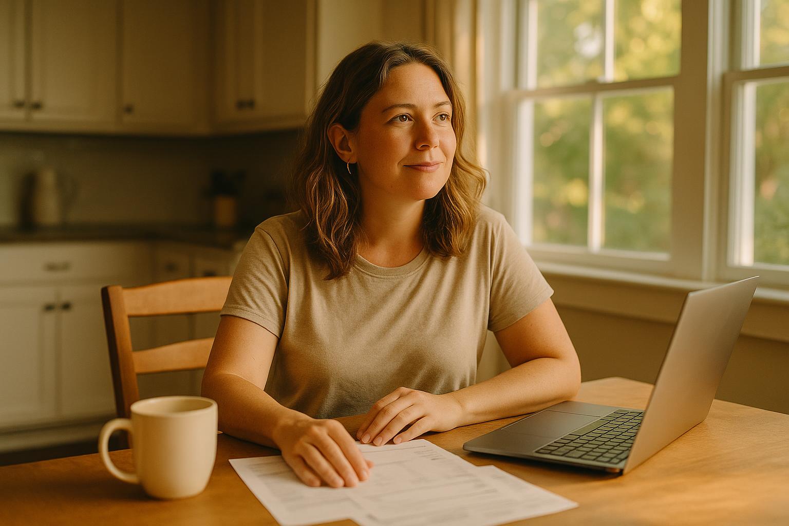 A self-employed small-business owner sitting at a sunlit kitchen table in a Charleston home, reviewing a bank statement beside her laptop and a cup of coffee in warm golden-hour light