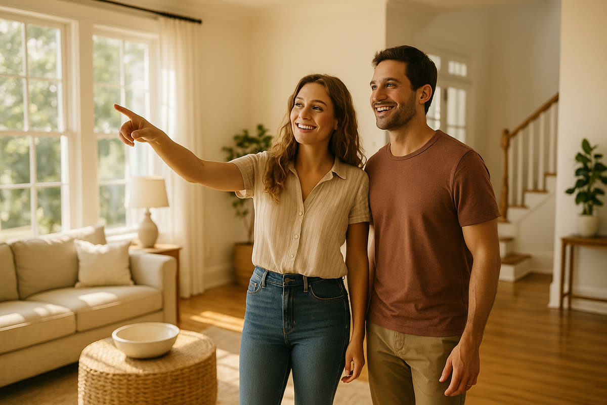 A hopeful young couple touring the bright, sunlit interior of an attainable Lowcountry Charleston home on a summer morning