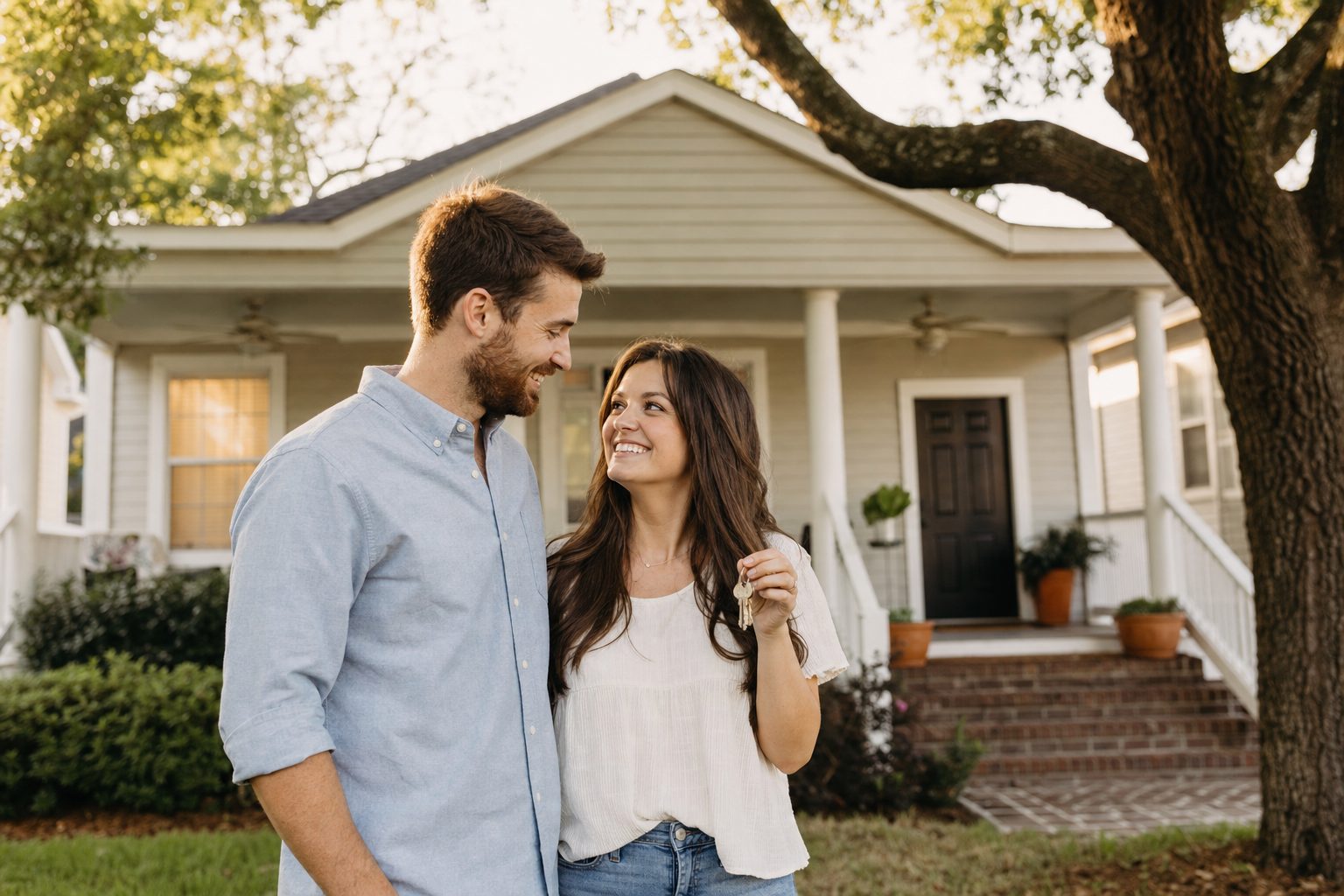 A young couple standing in front of a modest, attractive Lowcountry South Carolina rental home at golden hour, one of them holding a set of house keys