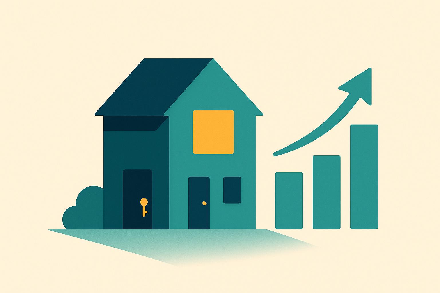 A clean teal, navy, cream and amber illustration of a home with a rising bar chart, representing increased mortgage qualifying power from boarder income