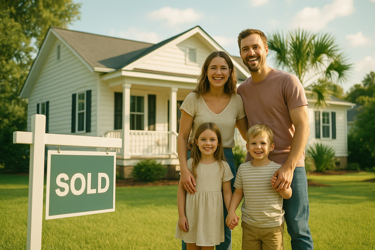 A young family standing in front of their modest Lowcountry home beside a SOLD sign on a bright summer morning