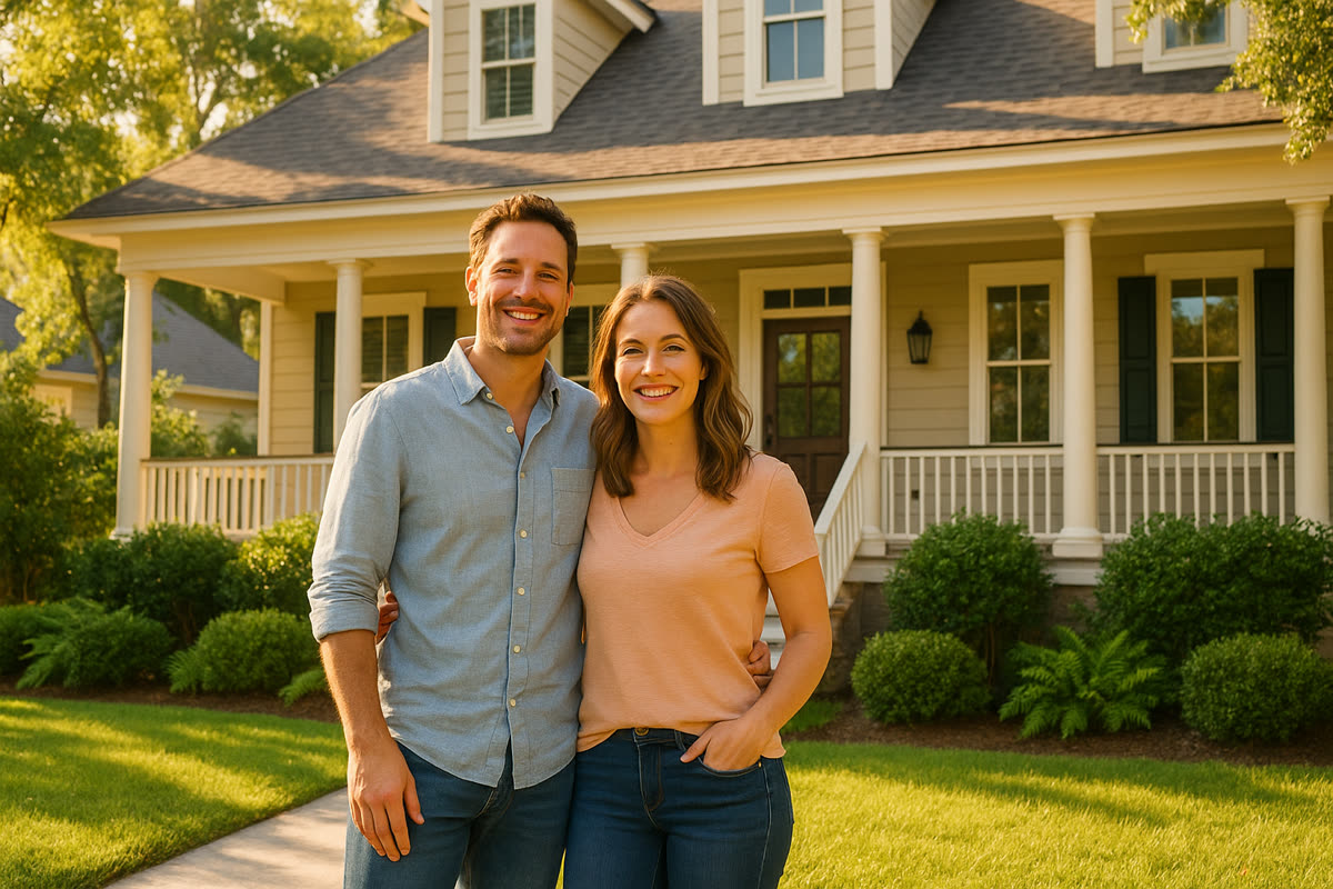 A confident young couple smiling in front of a bright, welcoming Lowcountry South Carolina home on a sunny summer morning