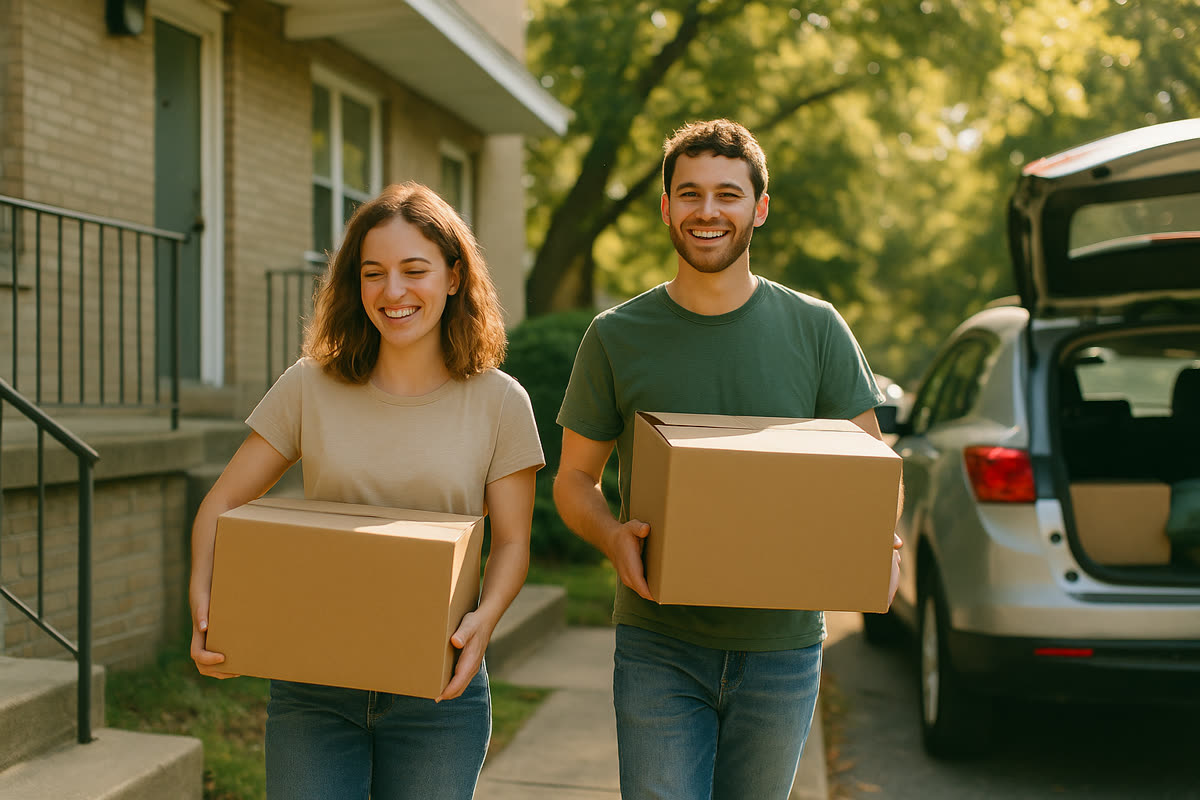 A young couple carrying moving boxes out of their apartment on a bright sunny morning