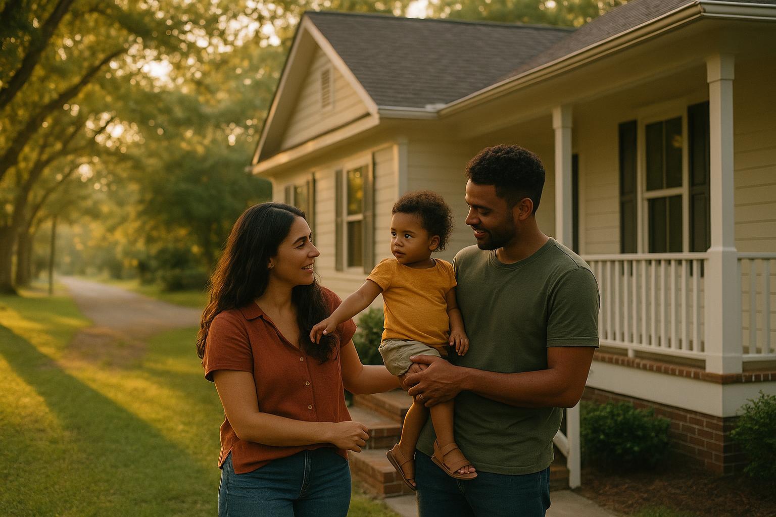 A young family standing together on the front steps of an attainable home on a tree-lined road just outside a Lowcountry South Carolina town at golden hour