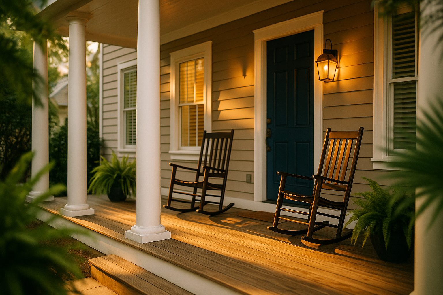 The covered front porch of a Charleston Lowcountry home at golden hour, with rocking chairs and a navy front door