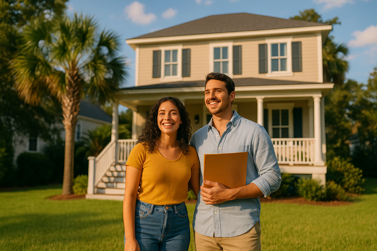 A hopeful couple standing in front of an attainable Lowcountry Charleston home on a bright summer morning