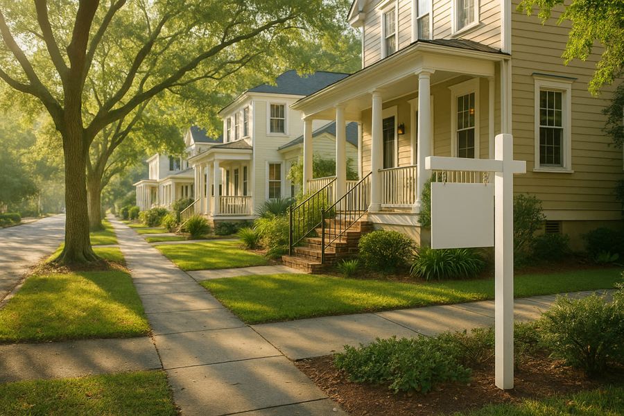 A white Lowcountry home on a tree-lined street