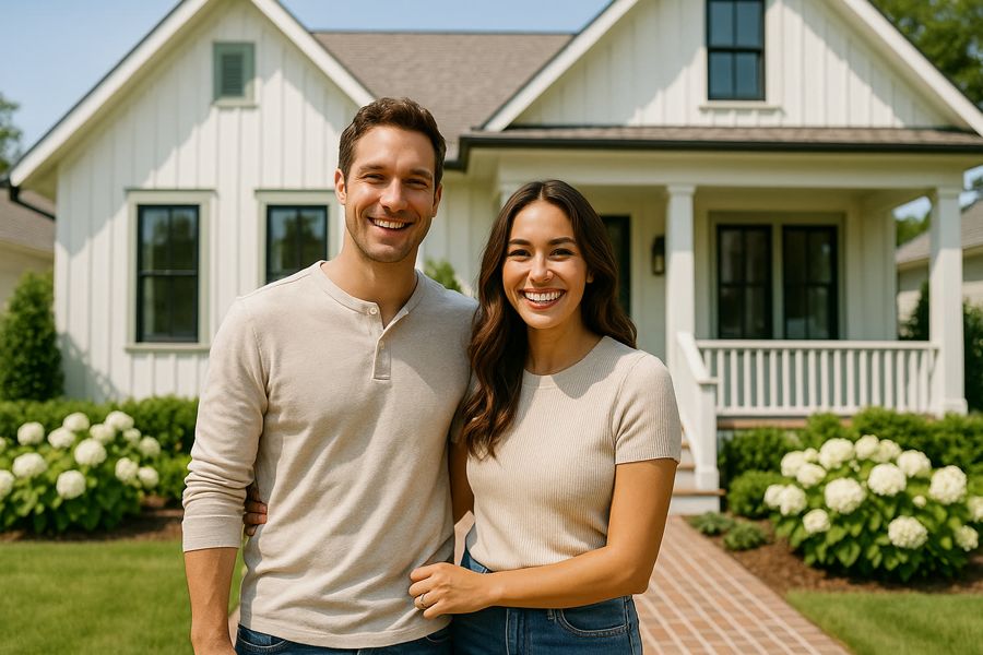 A young couple in front of their first home